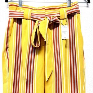 Express High Rise Ankle Pants 0S Tie Waist Polyester Dressy Yellow Orange Gray